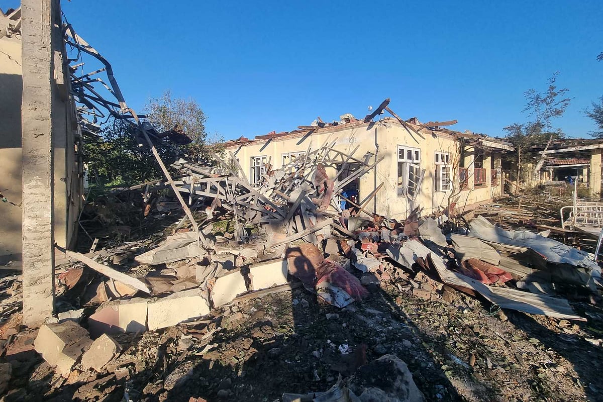 Wai Hun Aung via AP : A damaged building is seen at the hospital that was allegedly hit by a military air strike in Mrauk-U township in Rakhine state, Myanmar, Thursday, Dec.11, 2025.