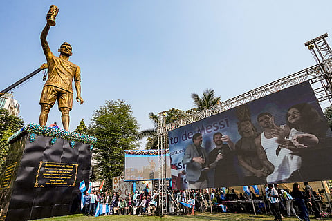 Argentine footballer Lionel Messi with TMC MLA Sujit Bose virtually unveils his 70-feet statue as part of his 'G.O.A.T. India Tour 2025', in Kolkata.
