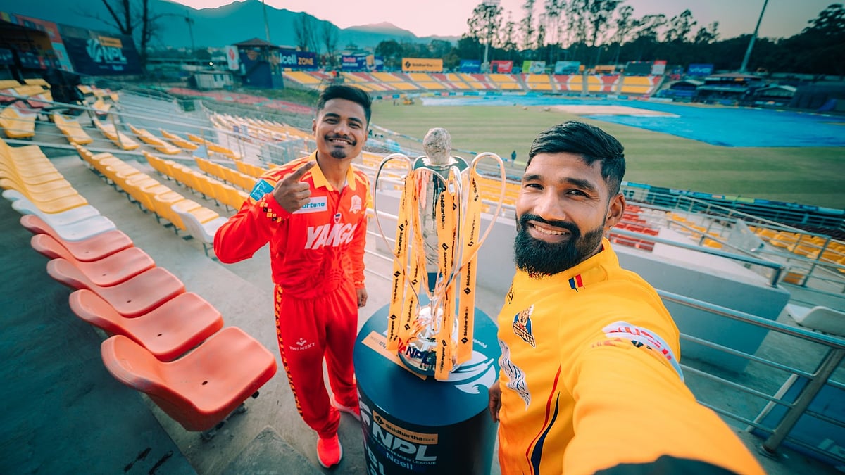 X/Nepal Premier League : Captains Rohit Paudel and Dipendra Singh Airee pose with the Nepal Premier League trophy ahead of the final between Sudur Paschim Royals and Lumbini Lions.