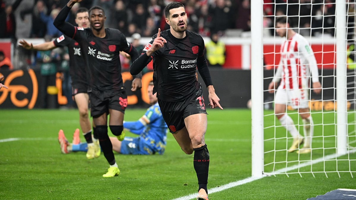 Martin Terrier celebrates scoring the opener for Bayer Leverkusen as they beat Koln 2-0.