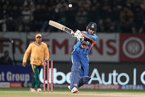India's Tilak Varma plays a shot during the third T20 cricket match between India and South Africa in Dharamshala.