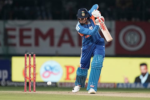 India's Shubman Gill plays a shot during the third T20 cricket match between India and South Africa in Dharamshala.