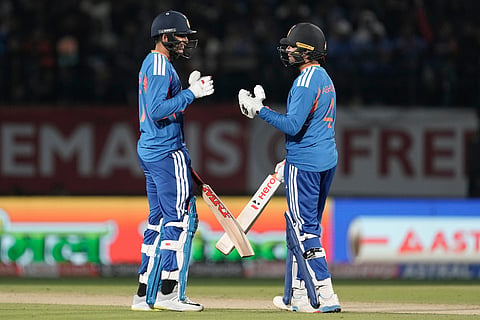 India's Shubman Gill, left, and India's Abhishek Sharma greets each other during the third T20 cricket match between India and South Africa in Dharamshala.