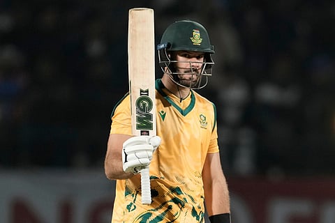 South Africa's captain Aiden Markram celebrates his fifty runs during the third T20 cricket match between India and South Africa in Dharamshala.