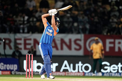 India's Shivam Dube plays a shot during the third T20 cricket match between India and South Africa in Dharamshala.