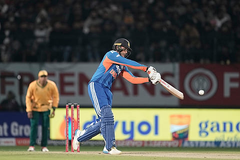 India's Abhishek Sharma plays a shot during the third T20 cricket match between India and South Africa in Dharamshala.