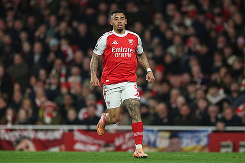 Arsenal's Gabriel Jesus runs during the English Premier League soccer match between Arsenal and Wolves in London.