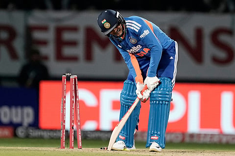 India's Shubman Gill reacts after bowled out by South Africa's Marco Jansen during the third T20 cricket match between India and South Africa in Dharamshala.