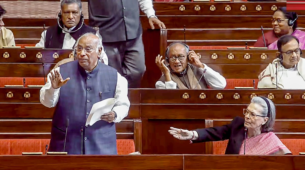 PTI :  Leader of the Opposition in Rajya Sabha Mallikarjun Kharge speaks during a debate on Vande Mataram in the House at the Winter session of Parliament, in New Delhi, Tuesday, Dec. 9, 2025. 