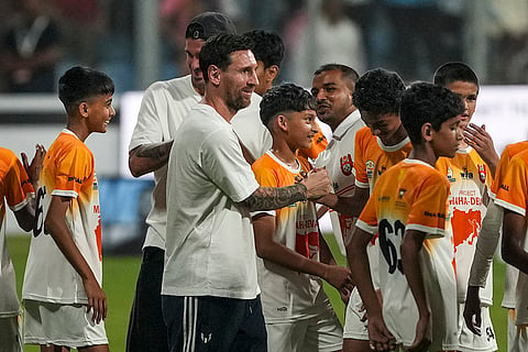 Argentine footballer Lionel Messi meets young enthusiasts during the 'GOAT India Tour 2025', at Wankhede Stadium, in Mumbai.