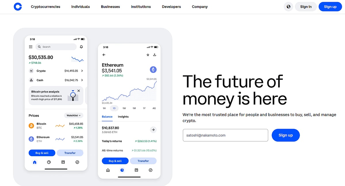 Coinbase website showing crypto price & balances