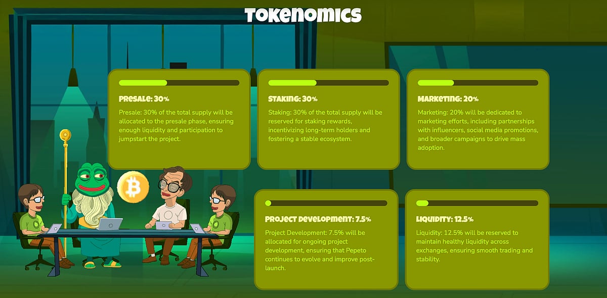 Pepeto roadmap illustration showing team characters around a table and project milestones
