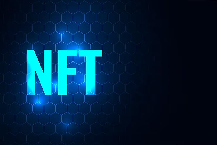 The letters NFT glowing blue on a dark background with a subtle hexagonal pattern.