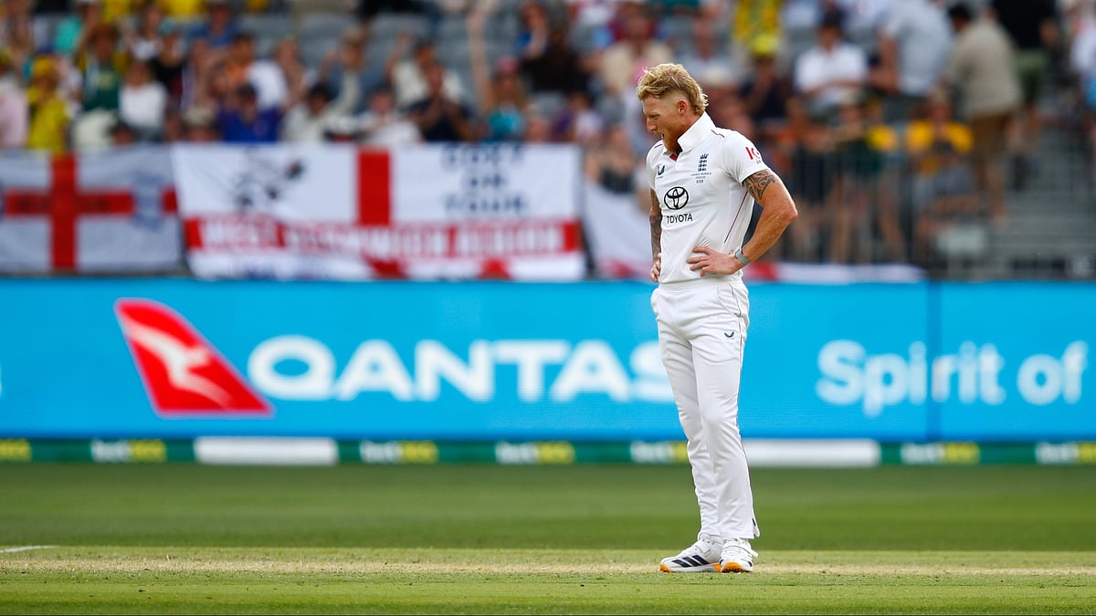 | Photo: AP/Gary Day : England's captain Ben Stokes reacts in the field on day two of the first Ashes cricket test match between Australia and England in Perth, Saturday, Nov. 22, 2025.