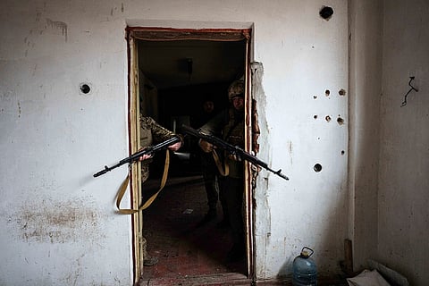 Ukrainian soldiers of the Da Vinci Wolves Battalion train not far from the frontline on Pokrovsk direction, Donetsk region, Ukraine, Jan. 29, 2025. 