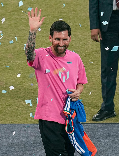 Argentine footballer Lionel Messi during the 'GOAT India Tour 2025', at Arun Jaitley Stadium in New Delhi.