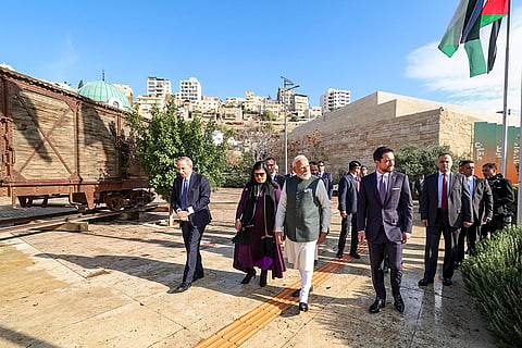 Prime Minister Narendra Modi with Jordanian Crown Prince Al Hussein bin Abdullah II and others during a visit at The Jordan Museum, in Amman, Jordan. 