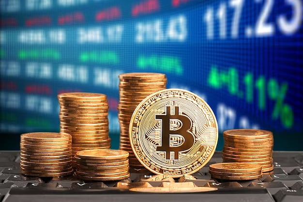 Stacked gold and copper coins, with one Bitcoin coin, in front of stock numbers.