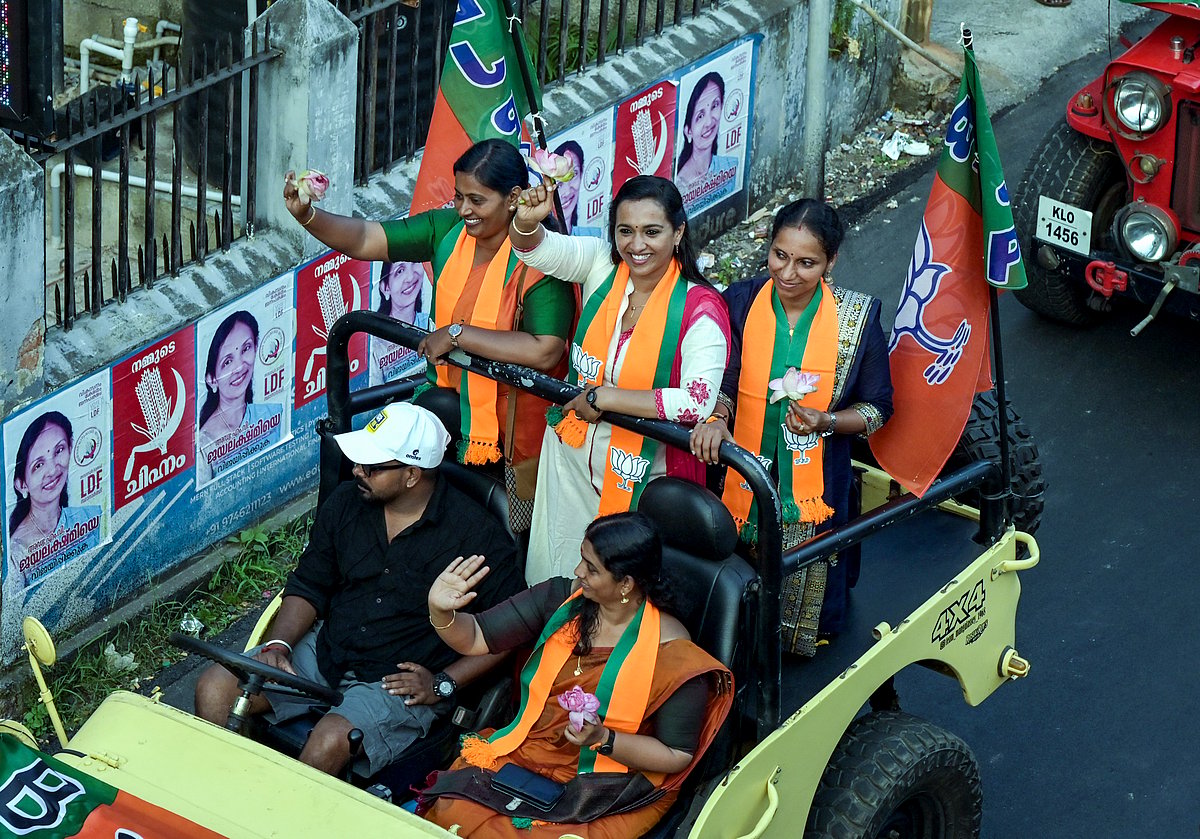 PTI              : Thiruvananthapuram: NDA's winning candidates of the recent Kerala local body elections greets people during a roadshow, in Thiruvananthapuram