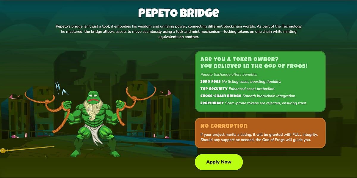 Pepeto Bridge interface showing Pepe-style character and cross-chain features