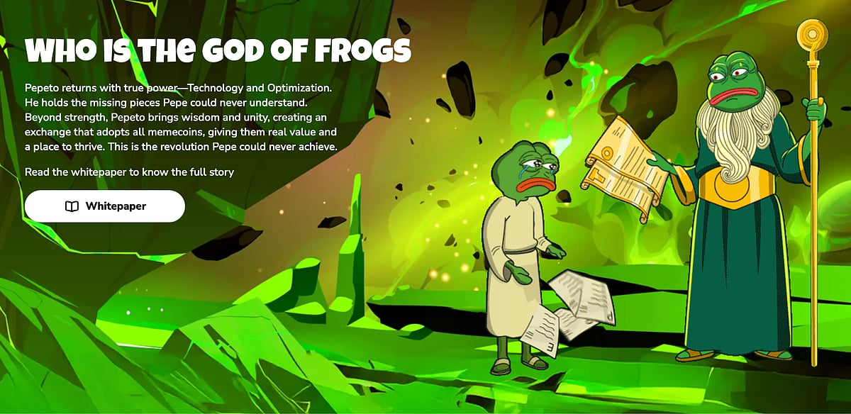 Cartoon frog characters in a green fantasy scene with text about the ‘God of Frogs.