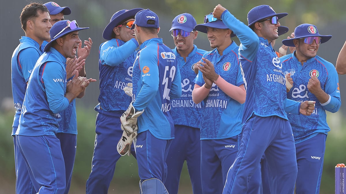 | Photo: X/ACBofficials : Afghanistan U19 players celebrate a wicket during the ACC U19 Asia Cup match against Sri Lanka U19 on December 15, 2025.