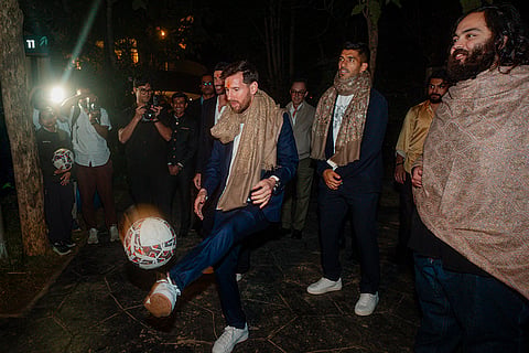 Argentine footballer Lionel Messi, Uruguayan footballer Luis Suarez with Reliance Industries Chairman Mukesh Ambani's son Anant Ambani during a visit at Vantara, a wildlife rescue, rehabilitation and conservation centre, in Jamnagar, Gujarat. 