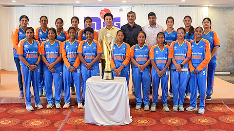 Cricket legend Sachin Tendulkar in a group picture with the Indian Women’s Blind Cricket Team after they won the T20 Blind Cricket World Cup, at the MIG Cricket Club, in Mumbai. 