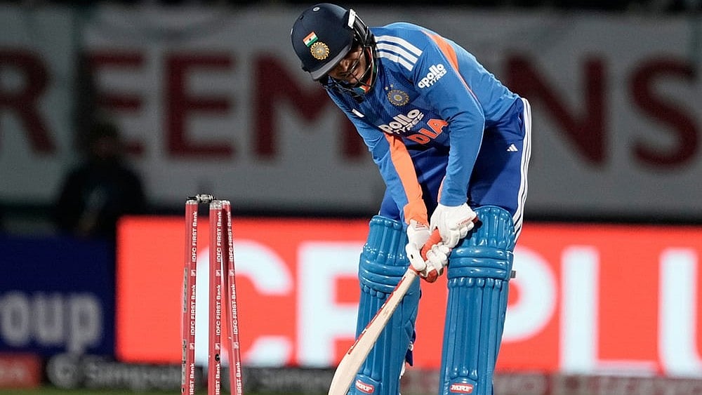 | Photo: AP/Ashwini Bhatia : India's Shubman Gill reacts after bowled out by South Africa's Marco Jansen during the third T20 cricket match between India and South Africa in Dharamshala.