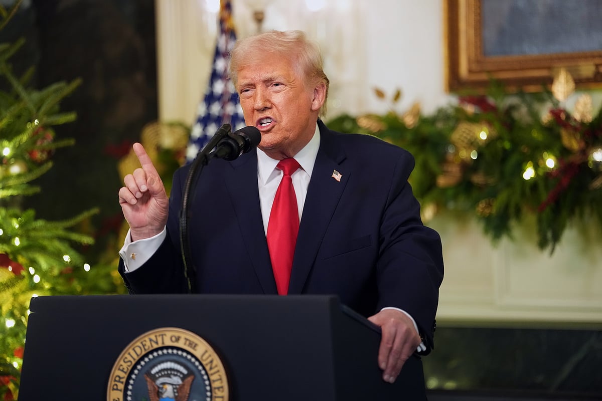 Doug Mills          : President Donald Trump speaks during an address to the nation from the Diplomatic Reception Room at the White House, Wednesday, Dec. 17, 2025, in Washington.