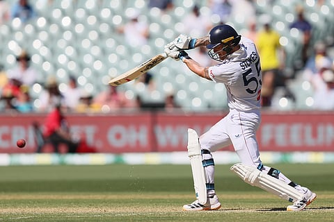 England's captain Ben Stokes plays a shot during play on day two of the third Ashes cricket test between England and Australia in Adelaide, Australia.