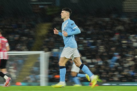 Manchester City's Phil Foden during the English League Cup soccer match between Manchester City and Brentford in Manchester, England.