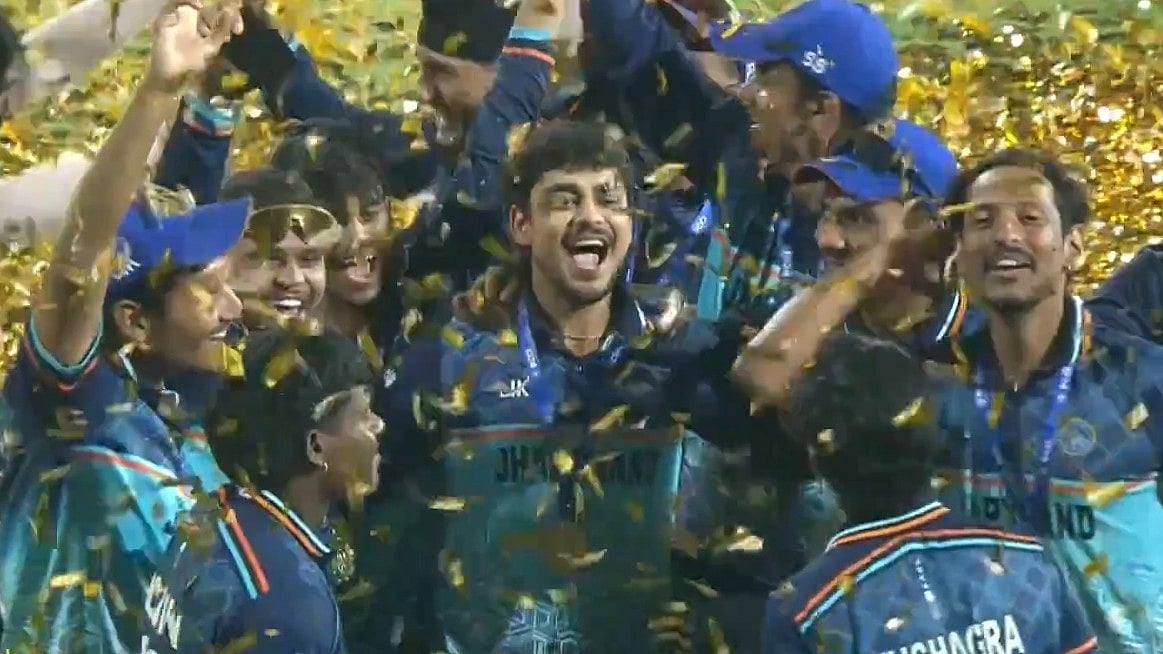 Photo: X/BCCI Domestic : Jharkhand celebrate after winning the Syed Mushtaq Ali Trophy 2025 final against Haryana in Pune.
