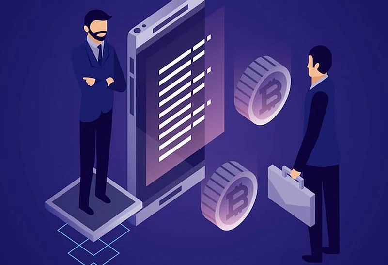 Businessmen negotiating Bitcoin trade