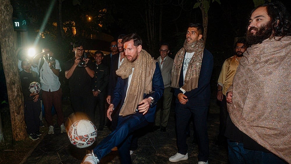 | Photo: Vantara via PTI : Argentine footballer Lionel Messi, Uruguayan footballer Luis Suarez with Reliance Industries Chairman Mukesh Ambani's son Anant Ambani during a visit at Vantara, a wildlife rescue, rehabilitation and conservation centre, in Jamnagar, Gujarat. 