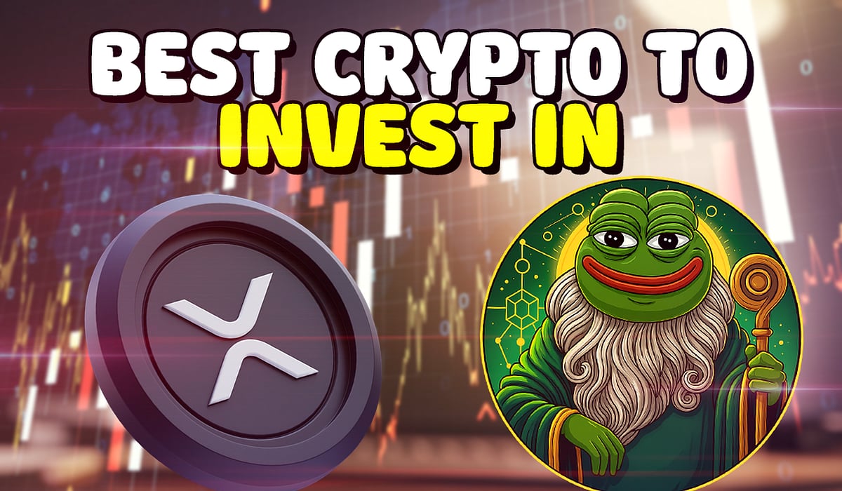 Best Crypto to Invest In text with an XRP logo and a wizard Pepe the Frog character.