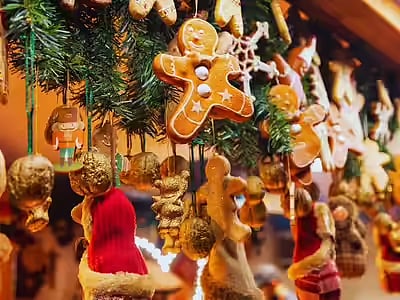 Festive gingerbread & ornaments hanging at  Khan Market