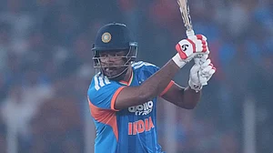 | Photo: AP/Ajit Solanki : India's Sanju Samson plays a shot during the fifth T20 cricket match between India and South Africa in Ahmedabad.