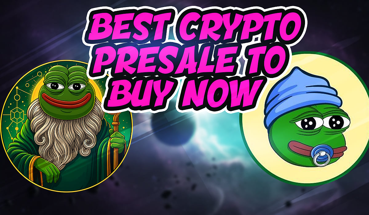 Pepe wizard and baby Pepe with BEST CRYPTO PRESALE TO BUY NOW pink text.
