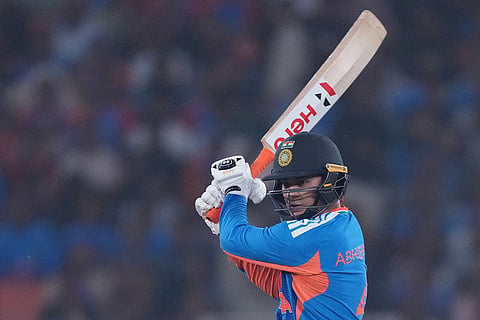 India's Abhishek Sharma plays a shot during the fifth T20 cricket match between India and South Africa in Ahmedabad.