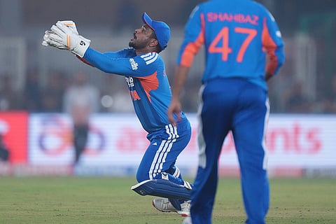 India's Sanju Samson takes the catch to dismiss South Africa's David Miller during the fifth T20 cricket match between India and South Africa in Ahmedabad.