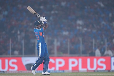 India's Hardik Pandya plays a shot during the fifth T20 cricket match between India and South Africa in Ahmedabad.