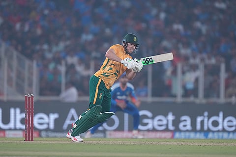 South Africa's David Miller plays a shot during the fifth T20 cricket match between India and South Africa in Ahmedabad.
