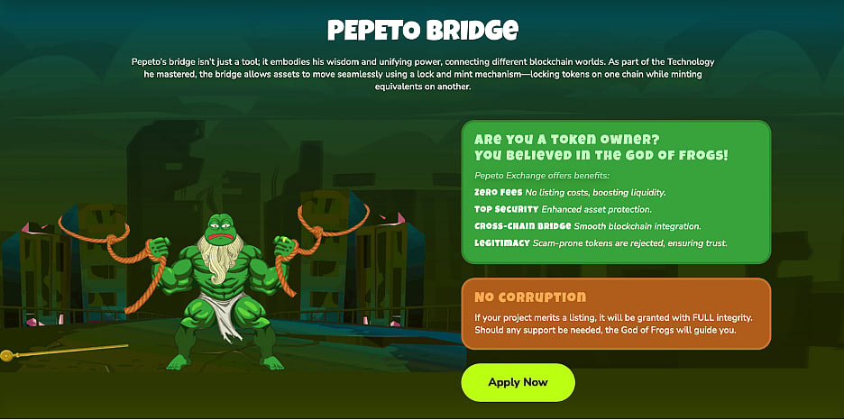 Muscular Pepe holding glowing orange chains on a PEPETO BRIDGE information screen.