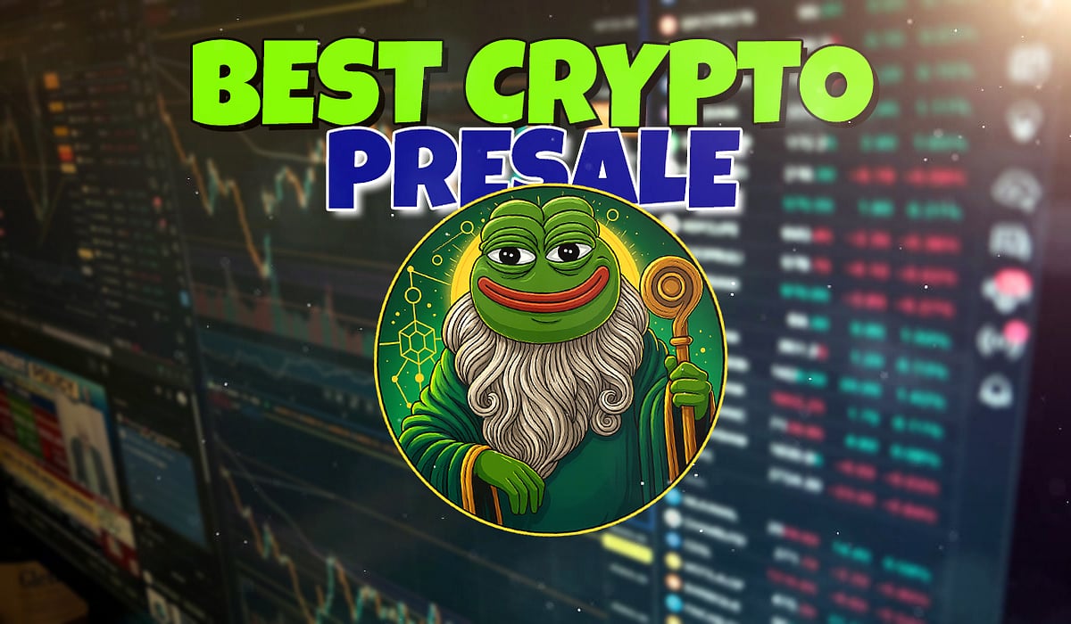 Best Crypto Presale text over a stock market chart with a Pepe the Frog wizard character.