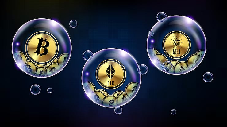 Bitcoin, Ethereum, and BNB coins floating inside blue bubbles on a digital background