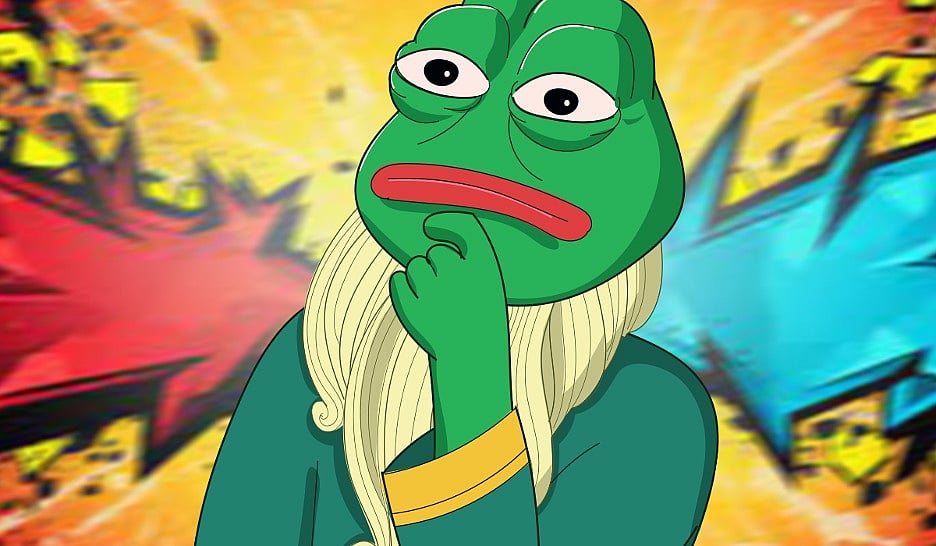 Illustration of a thoughtful Pepe wizard in front of red and blue comic-style bursts.