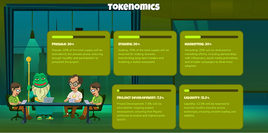Pepeto roadmap illustration showing team characters around a table and project milestones