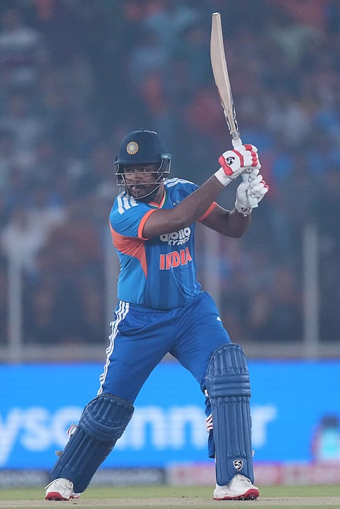 India's Sanju Samson plays a shot during the fifth T20 cricket match between India and South Africa in Ahmedabad.