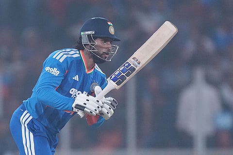 India's Tilak Varma plays a shot during the fifth T20 cricket match between India and South Africa in Ahmedabad.